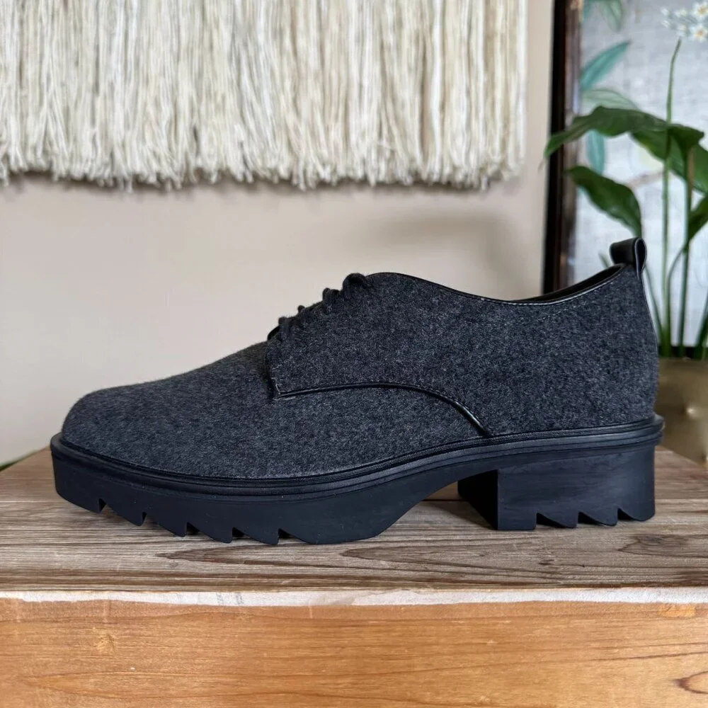 Zara Gray Felted Flannel Blucher Platform Track Sole 90s Academia Oxford Shoes